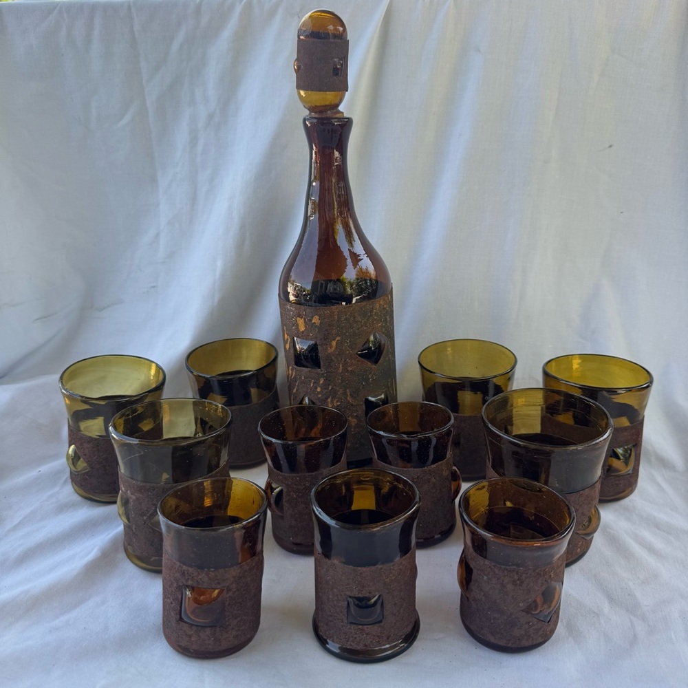 VINTAGE BRUTALIST FELIPE DERFLINGHER IMPRISONED GLASS DECANTER & GLASSES 12PCSET